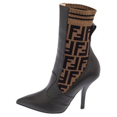 Fendi Brown Leather and Fabric Pointed Toe Ankle Boots Size 36