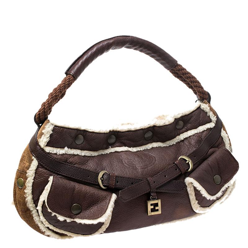 Black Fendi Brown Leather and Suede Shearling Hobo