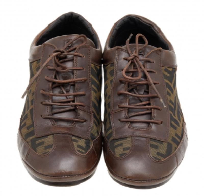 Black Fendi Brown Leather And Zucca Canvas Low Top Sneakers Size 42.5 For Sale