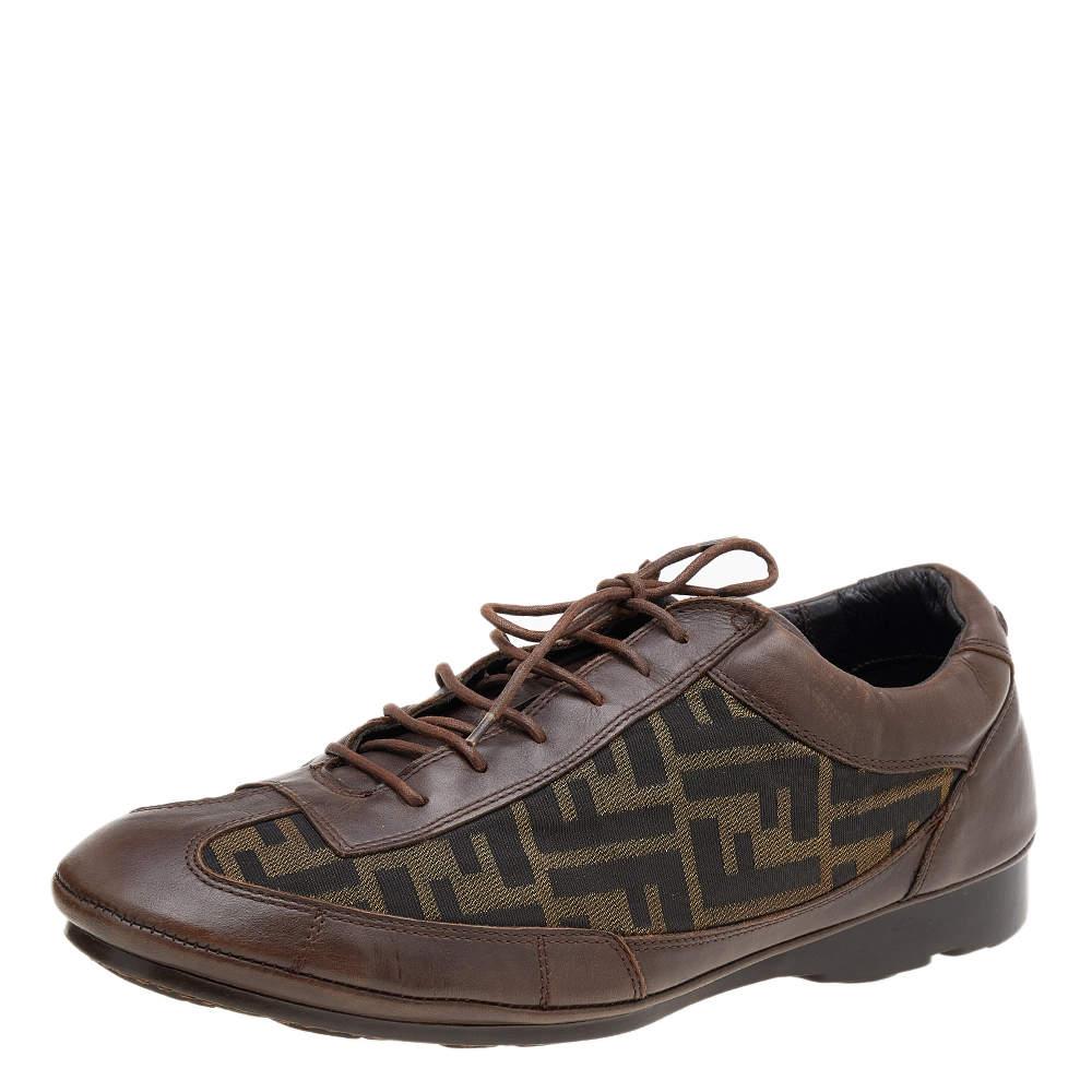 Men's Fendi Brown Leather And Zucca Canvas Low Top Sneakers Size 42.5 For Sale