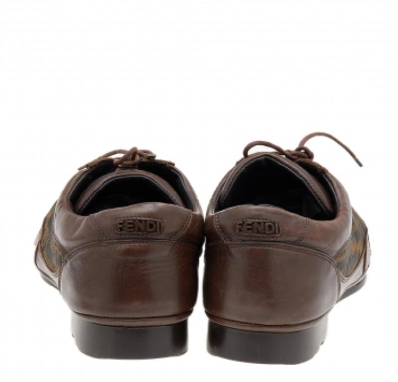 Fendi Brown Leather And Zucca Canvas Low Top Sneakers Size 42.5 For Sale 1