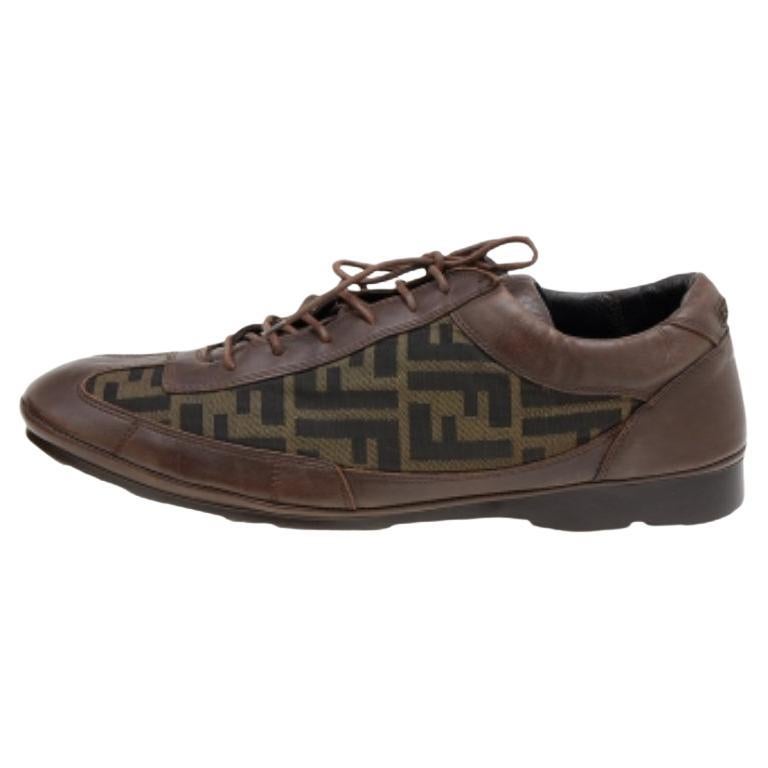 Fendi Brown Leather And Zucca Canvas Low Top Sneakers Size 42.5 For Sale