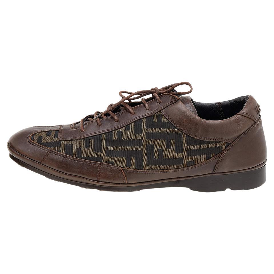 Fendi Brown Leather And Zucca Canvas Low Top Sneakers Size 42.5 For Sale