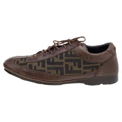 Used Fendi Brown Leather And Zucca Canvas Low Top Sneakers Size 42.5