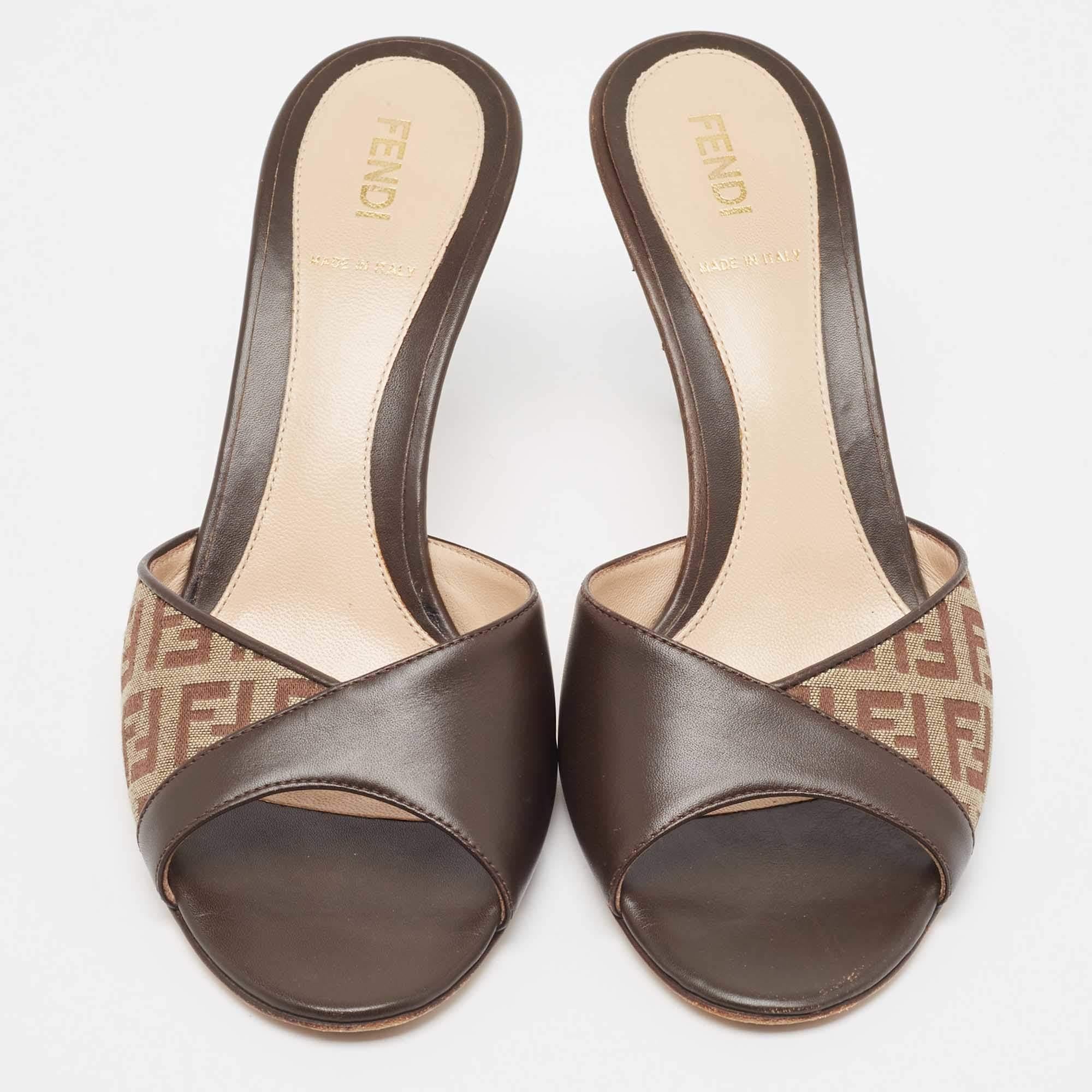Women's Fendi Brown Leather and Zucca Canvas Mules Size 37