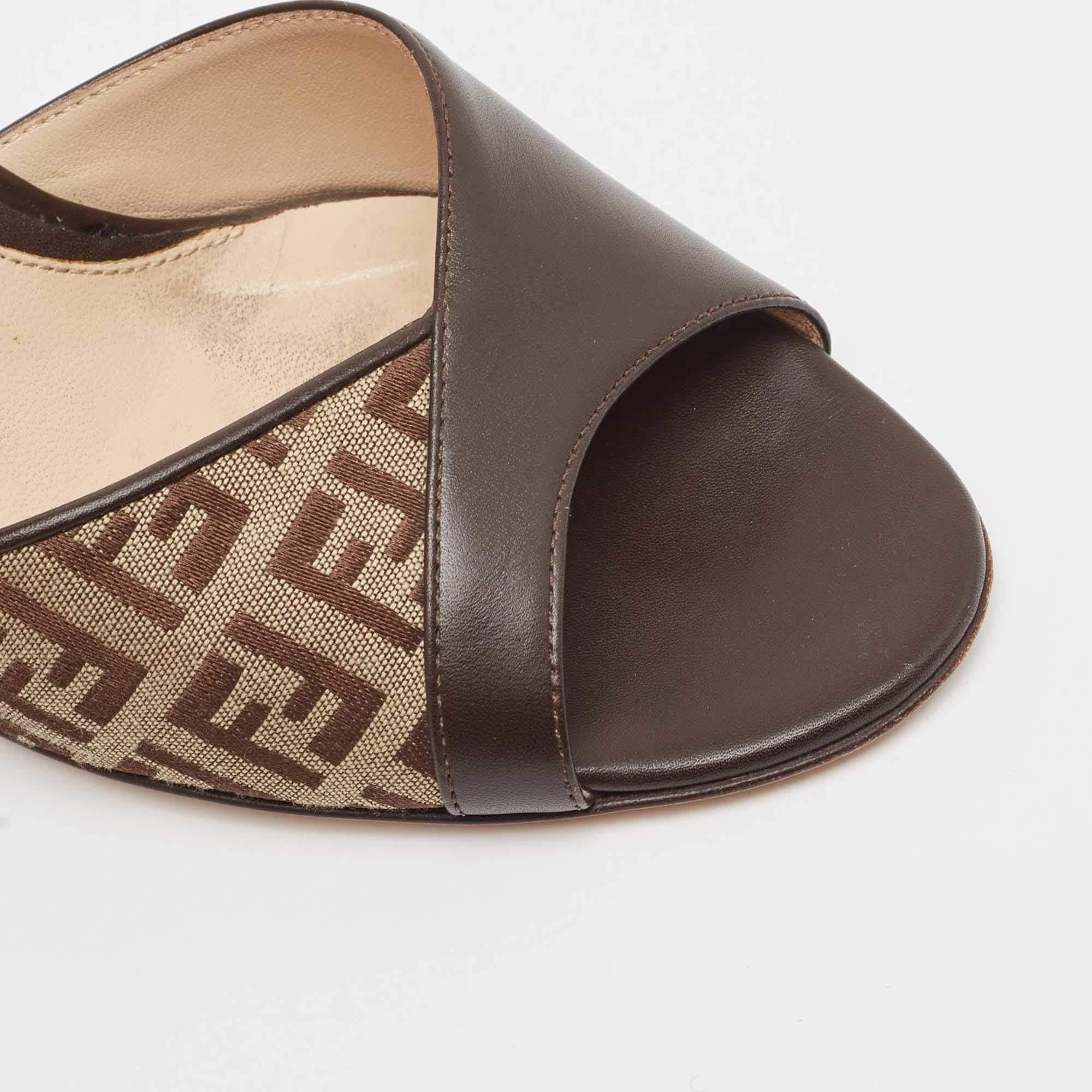 Fendi Brown Leather and Zucca Canvas Mules Size 37 3