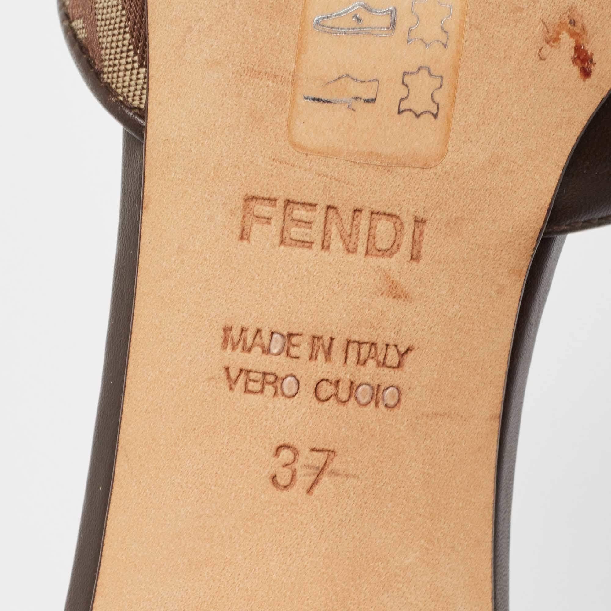 Fendi Brown Leather and Zucca Canvas Mules Size 37 4