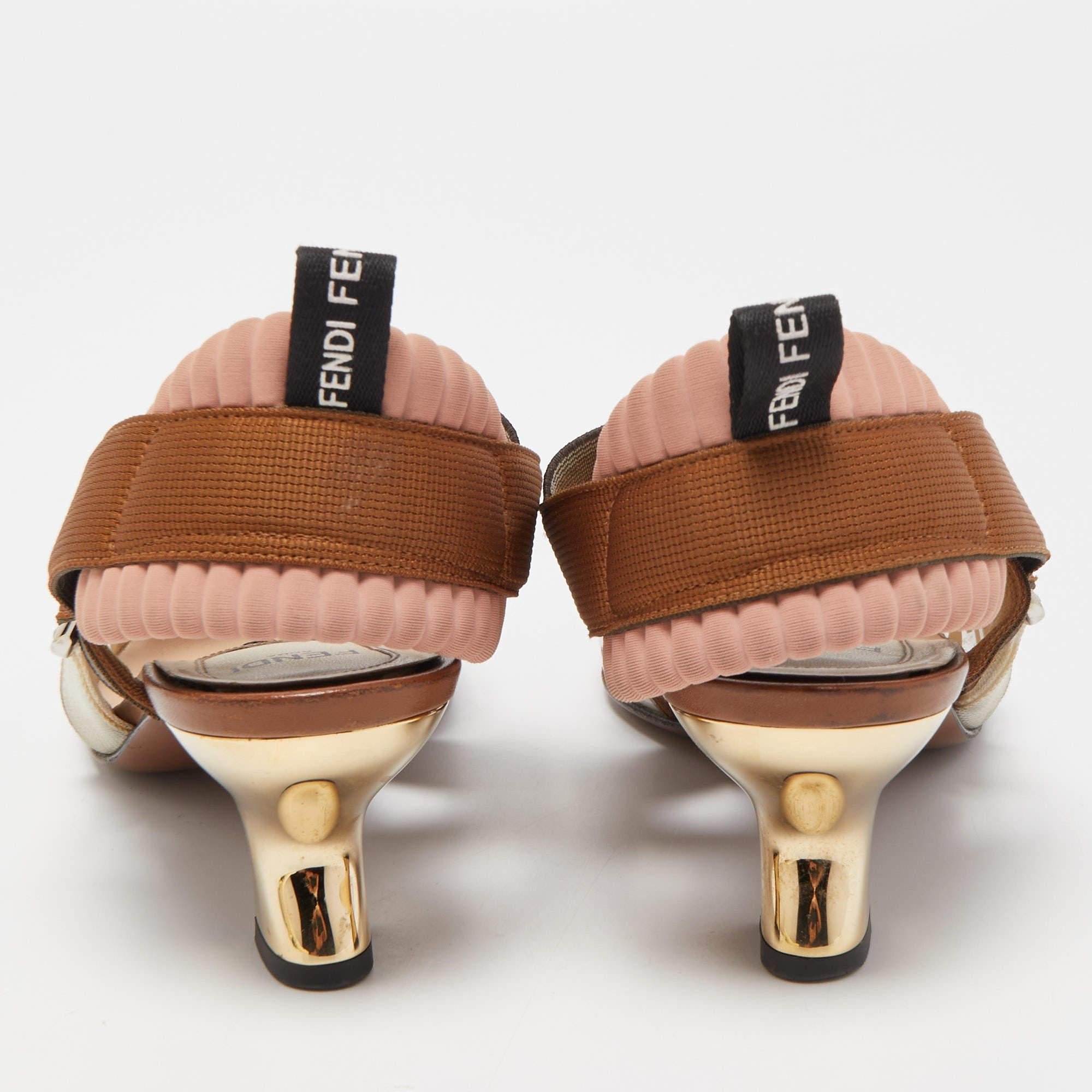 Fendi Brown Leather and Zucca PVC Colibri Slingback Pumps Size 36.5 In Good Condition In Dubai, Al Qouz 2