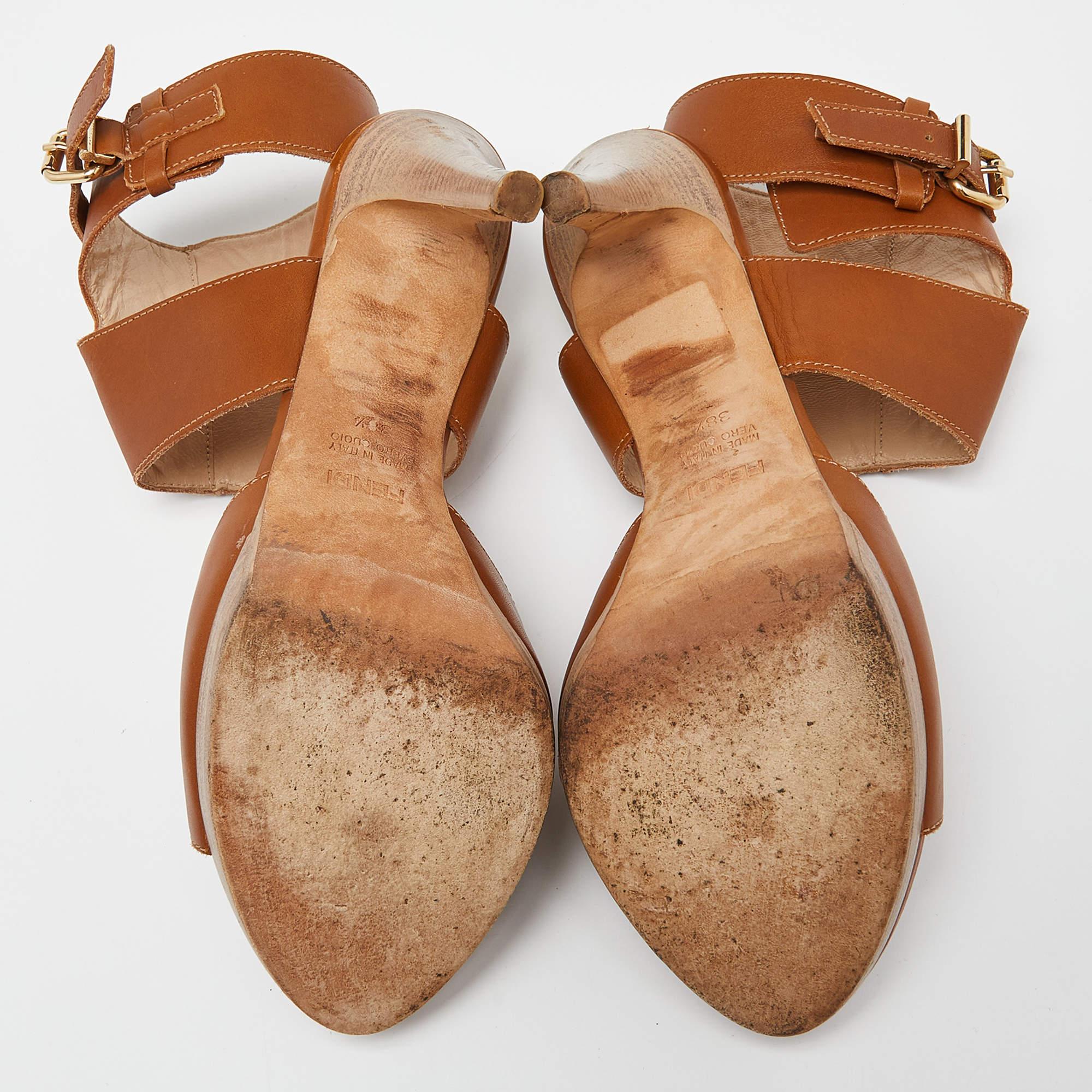 Fendi Brown Leather Ankle Strap Platform Sandals Size 38.5 For Sale 2