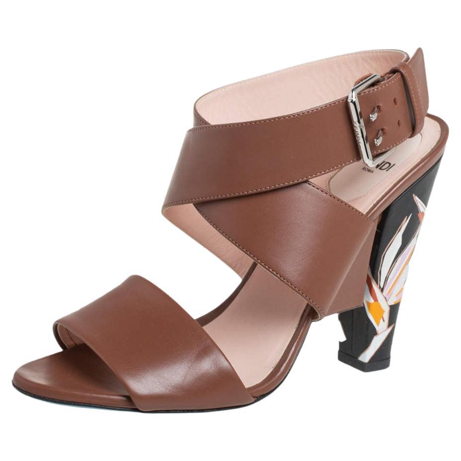 Fendi Brown Leather Ankle Strap Sandals Size 39 For Sale