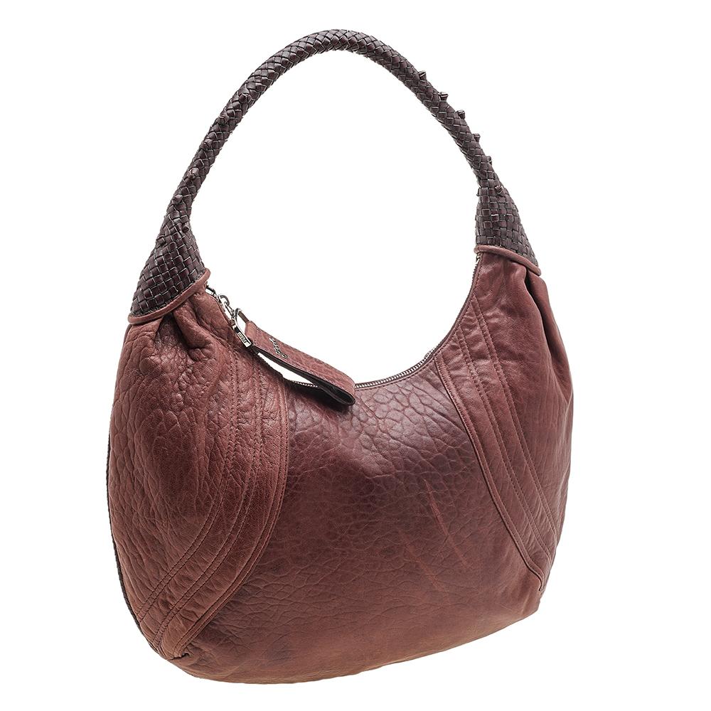 Women's Fendi Brown Leather Braided Handle Spy Hobo