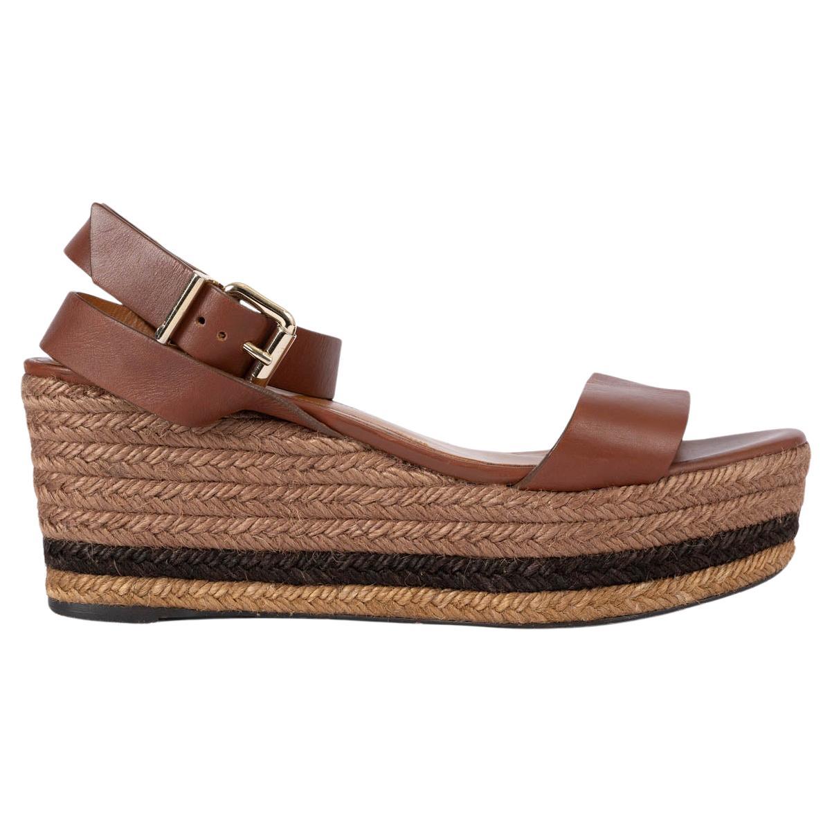 FENDI brown leather ESPADRILLE ANKLE STRAP WEDGE Sandals Shoes 41 For Sale