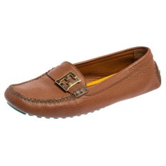 Fendi Brown Leather FF Logo Slip On Loafers Size 40