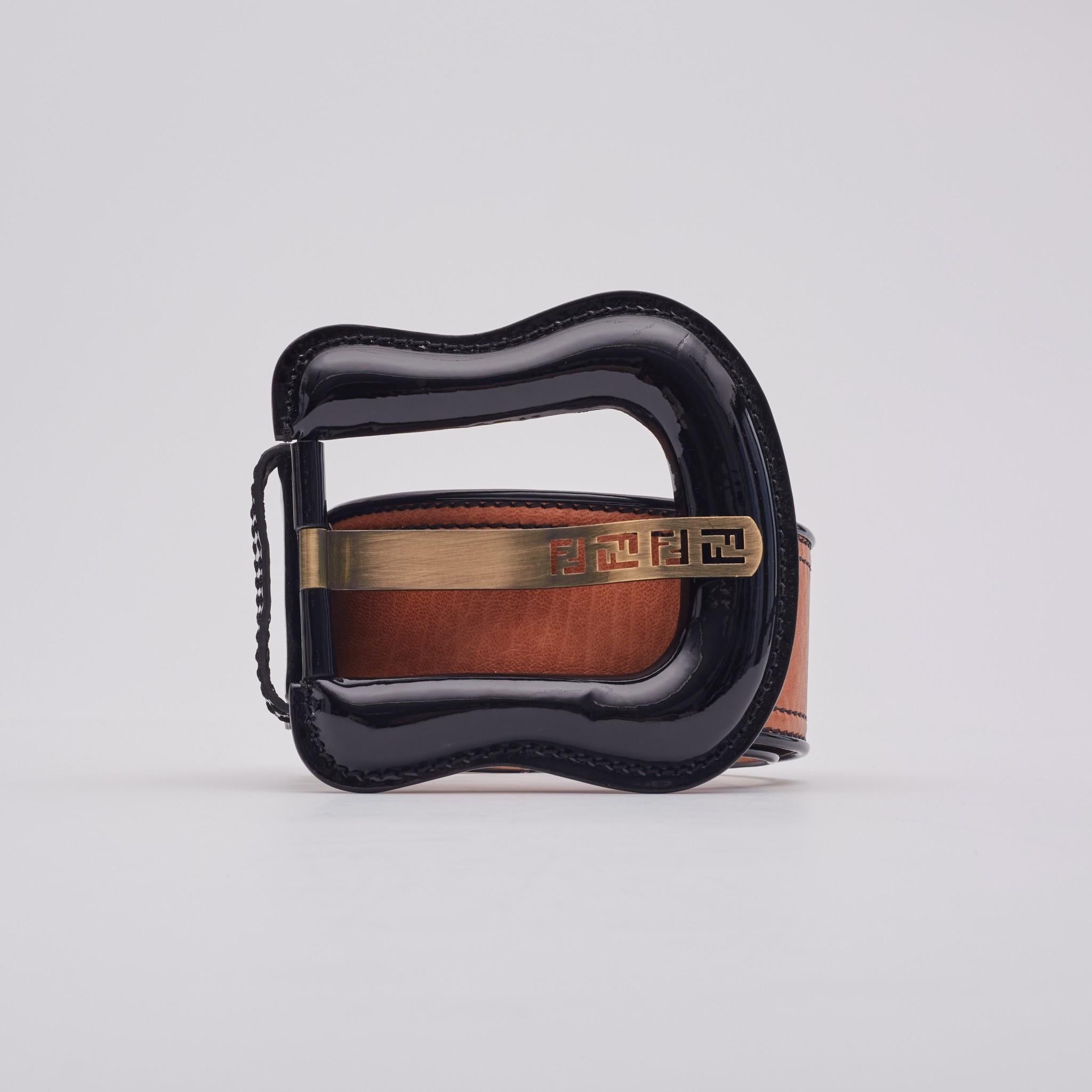 Women's Fendi Brown Leather Ff Logo Wide B Belt (Size 34) For Sale