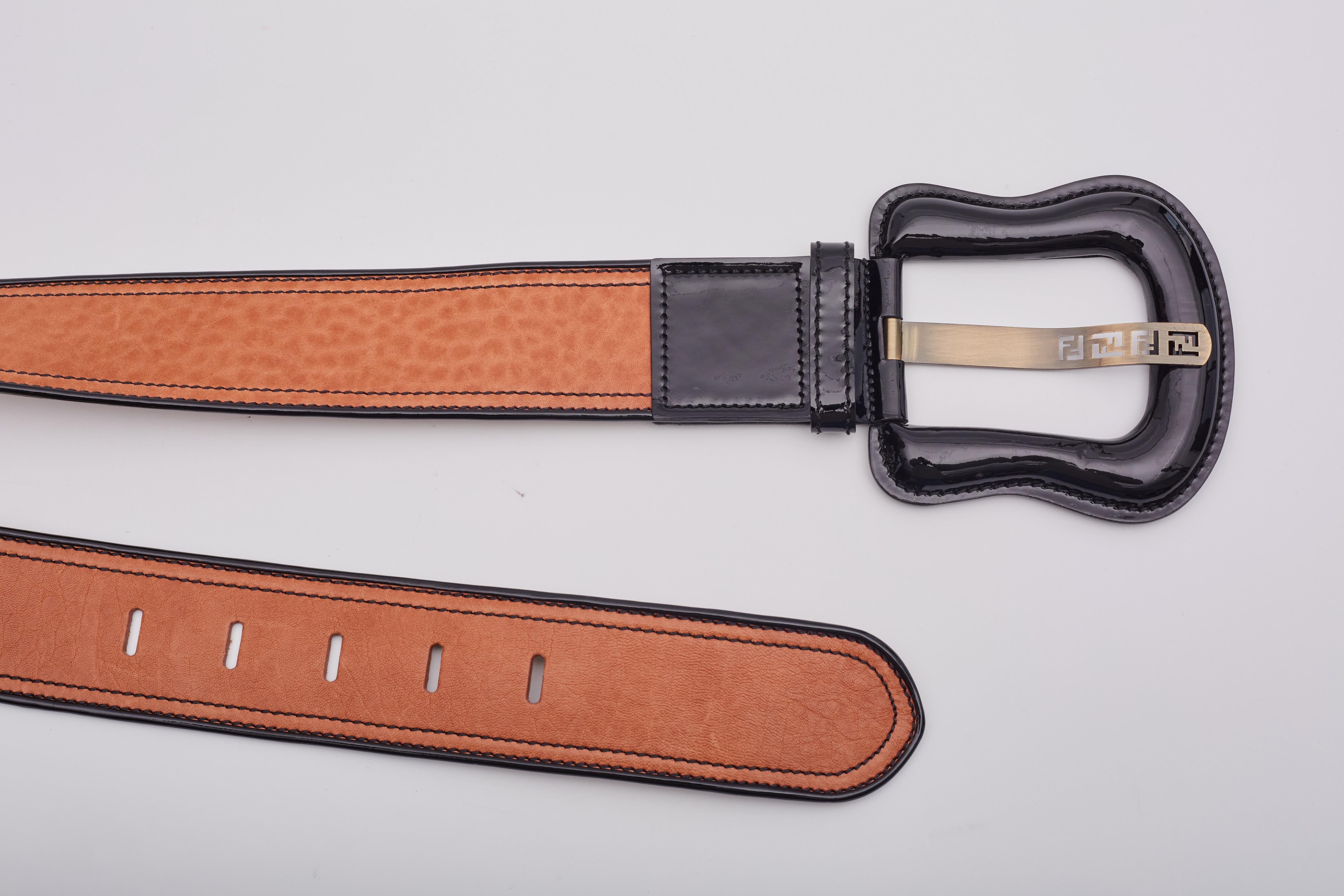 Fendi Brown Leather Ff Logo Wide B Belt (Size 34) For Sale 2