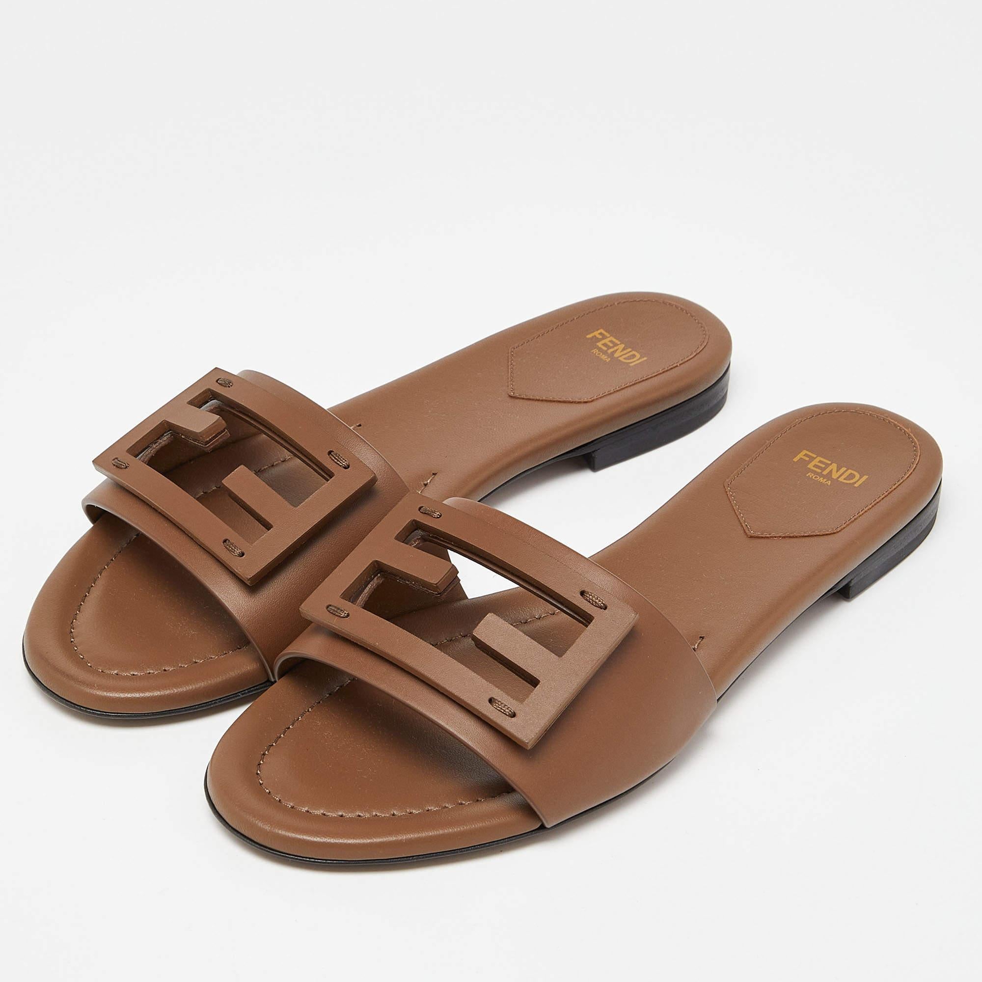 Women's Fendi Brown Leather Flat Slide Size 38