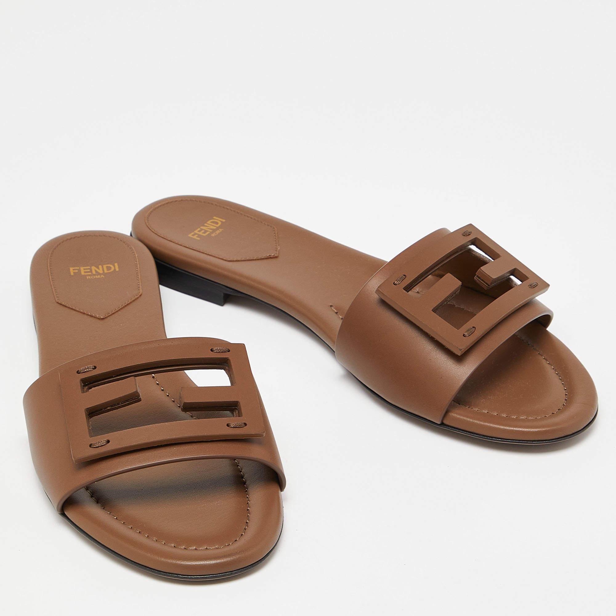 Fendi Brown Leather Flat Slide Size 38 1