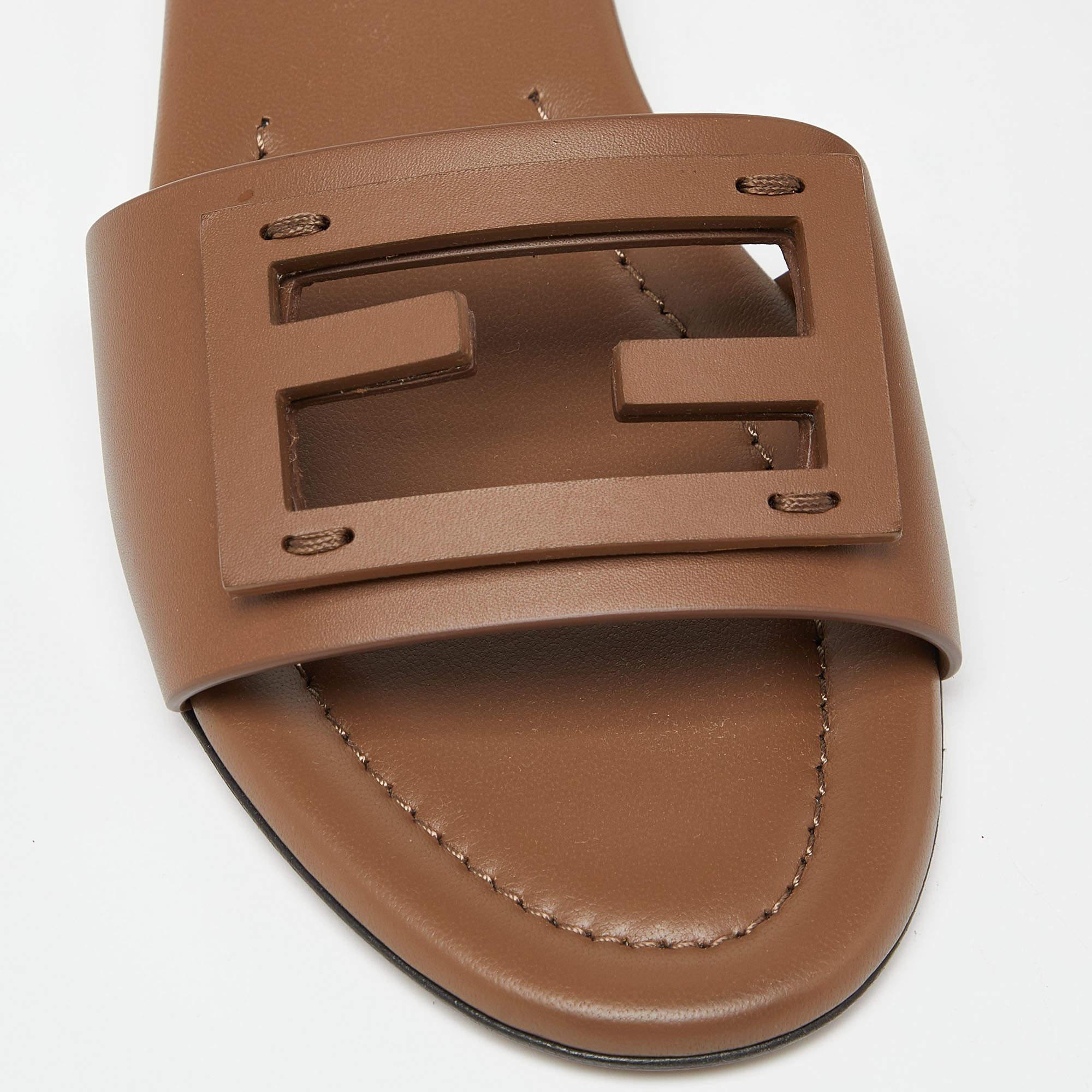 Fendi Brown Leather Flat Slide Size 38 2
