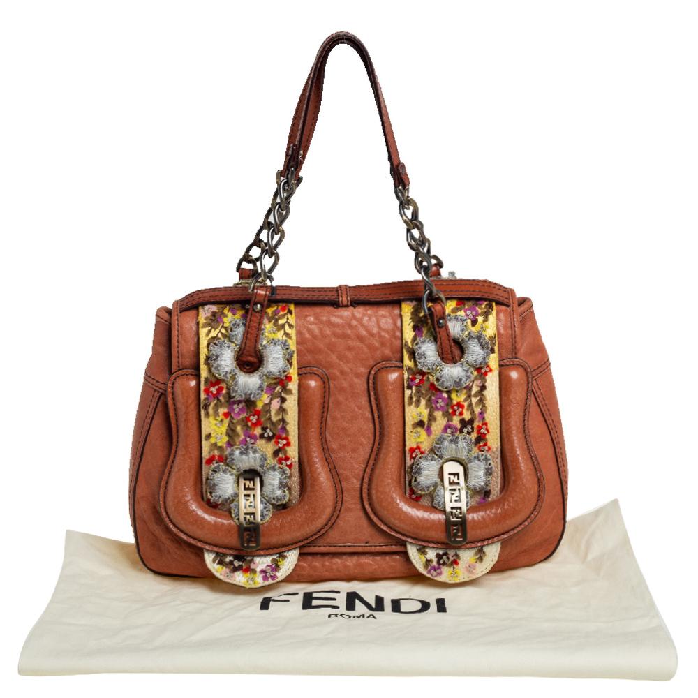 Fendi Brown Leather Floral Embroidered Limited Edition B Shoulder Bag 6