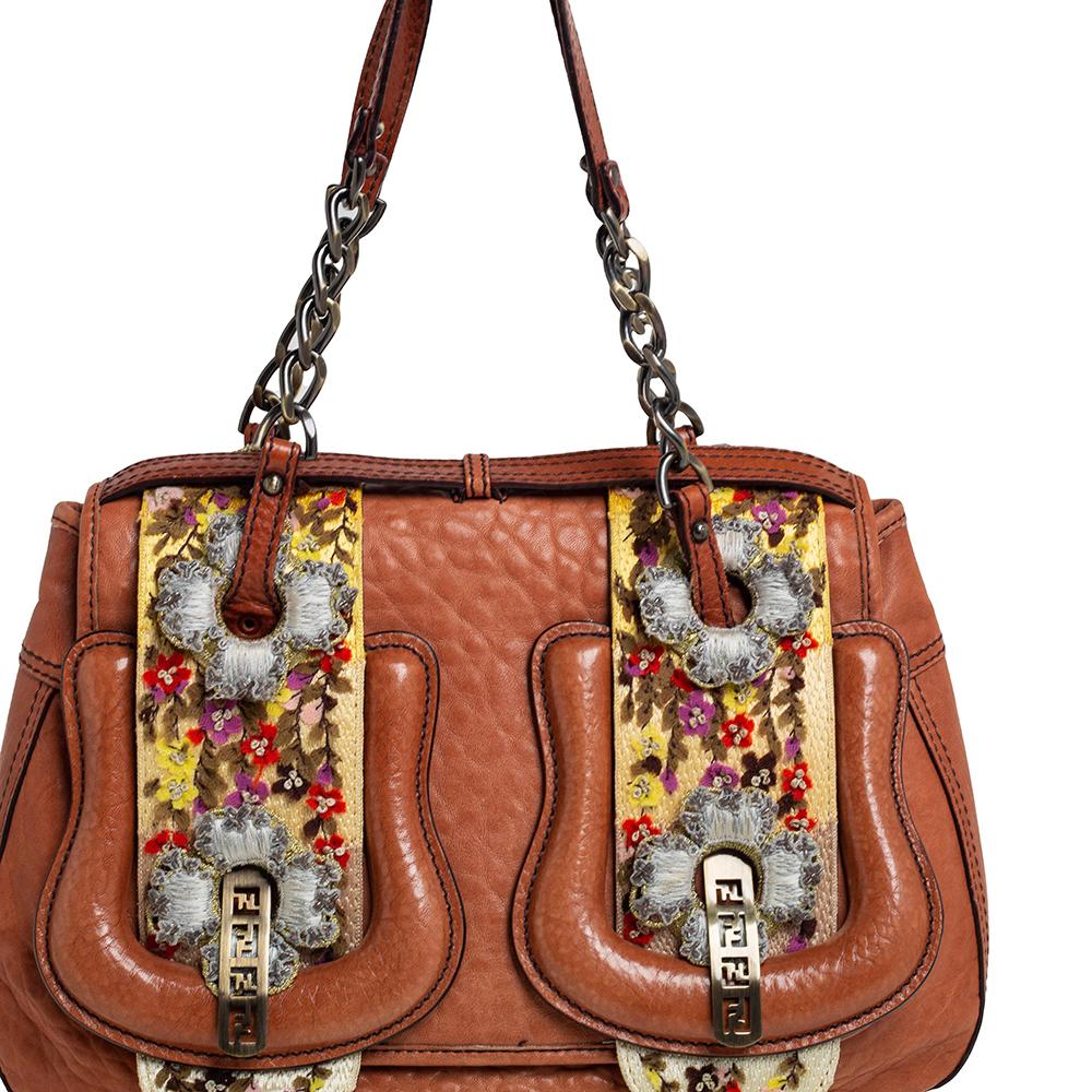 Fendi Brown Leather Floral Embroidered Limited Edition B Shoulder Bag 1