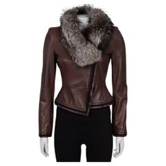 Used Fendi Brown Leather Jacket with Fur Collar - Size 38/XS