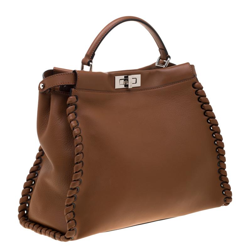 Fendi Brown Leather Large Lace Up Peekaboo Top Handle Bag In Good Condition In Dubai, Al Qouz 2