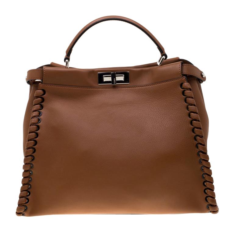 Fendi Brown Leather Large Lace Up Peekaboo Top Handle Bag