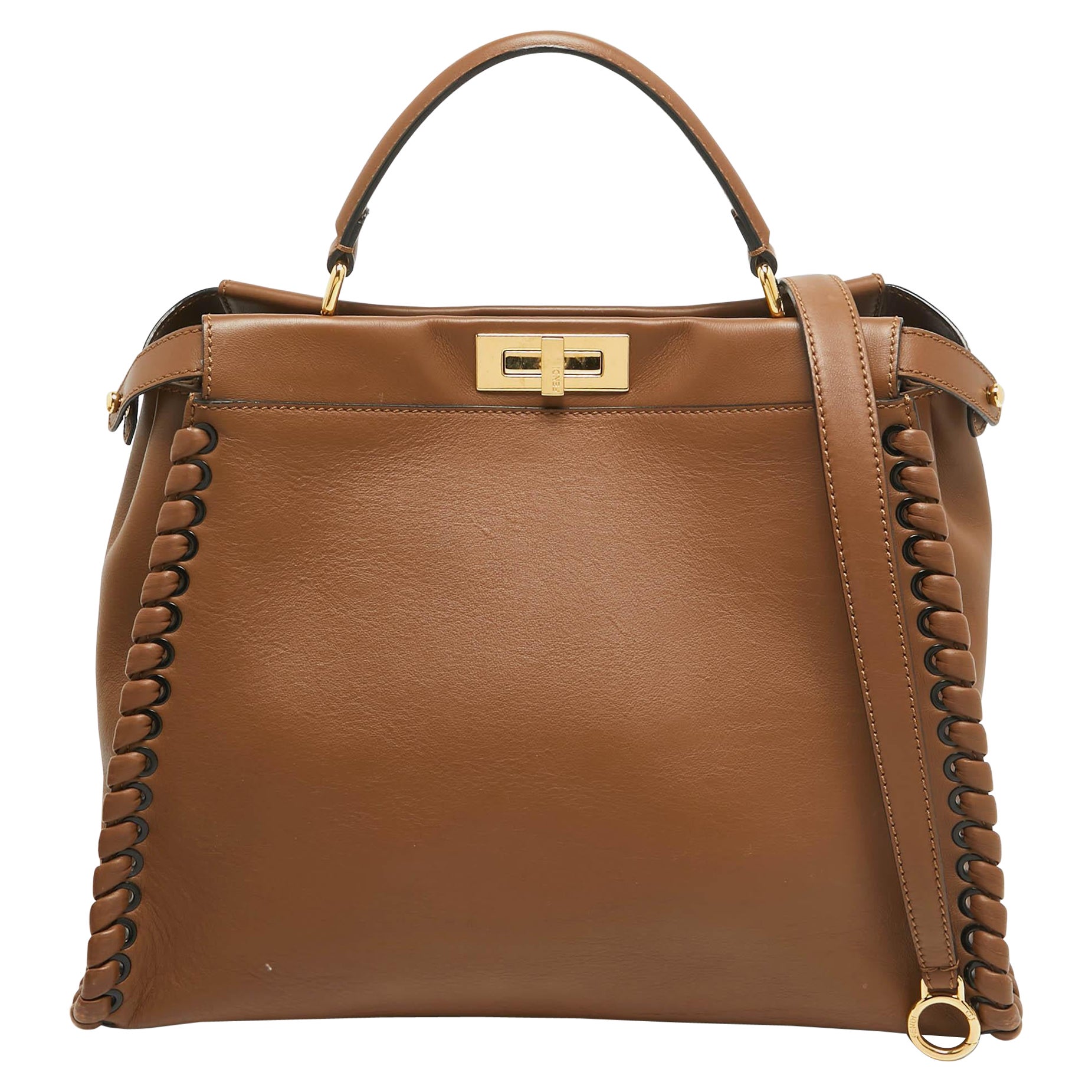 Fendi Brown Leather Large Whipstitch Peekaboo Top Handle Bag