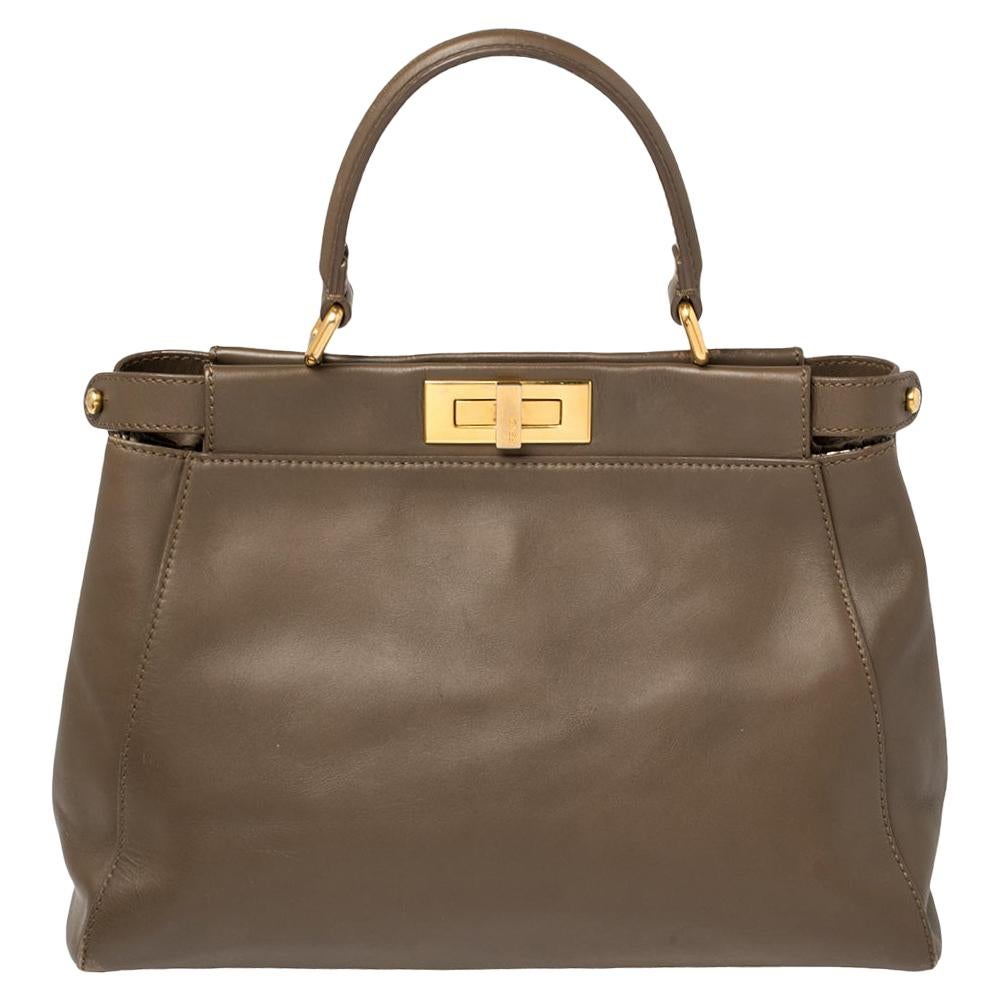 Fendi Brown Leather Medium Peekaboo Top Handle Bag