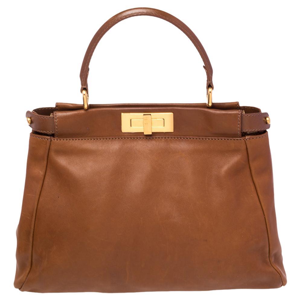 Fendi Brown Leather Large Lace Up Peekaboo Top Handle Bag For Sale at