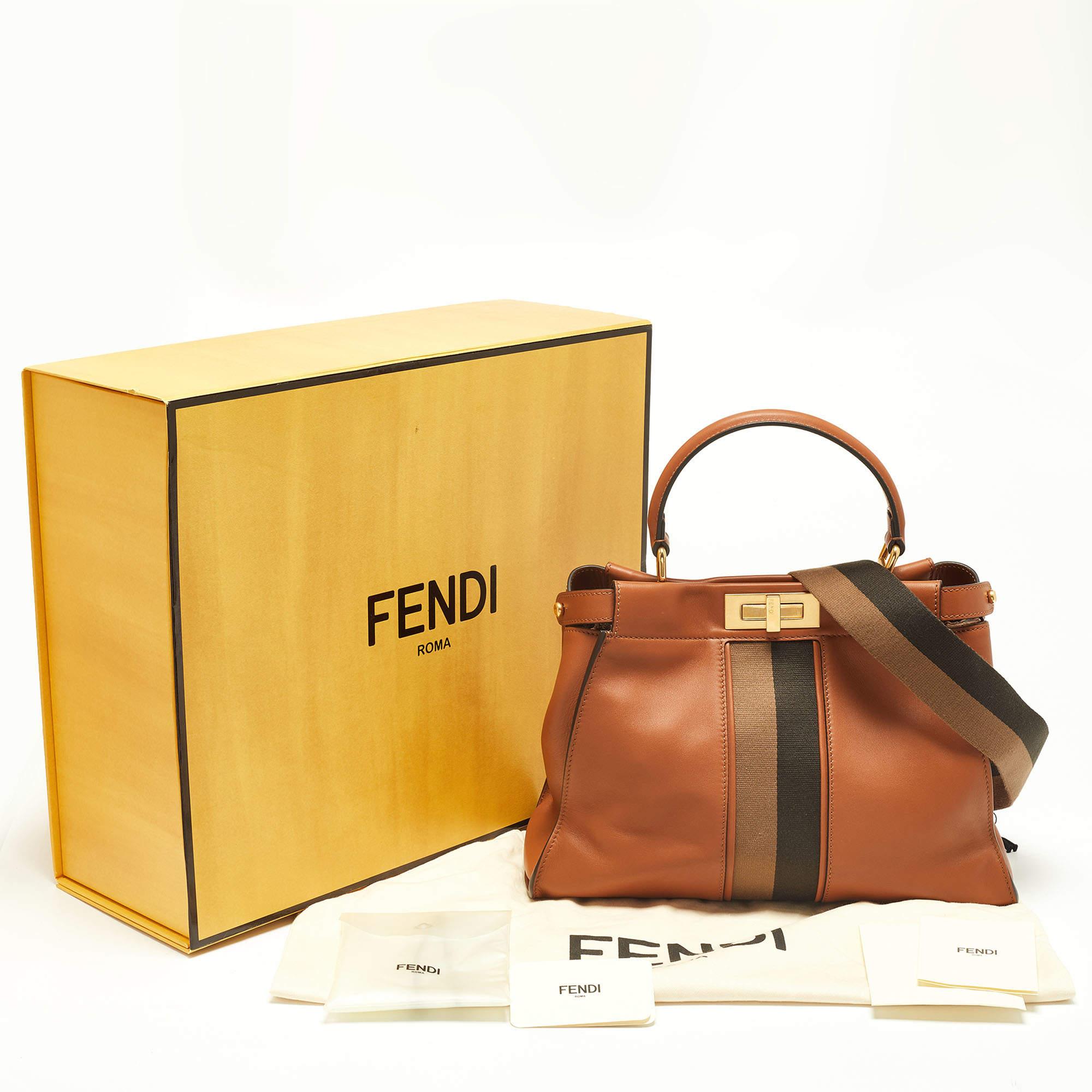Fendi Brown Leather Medium Stripe Peekaboo Top Handle Bag 15