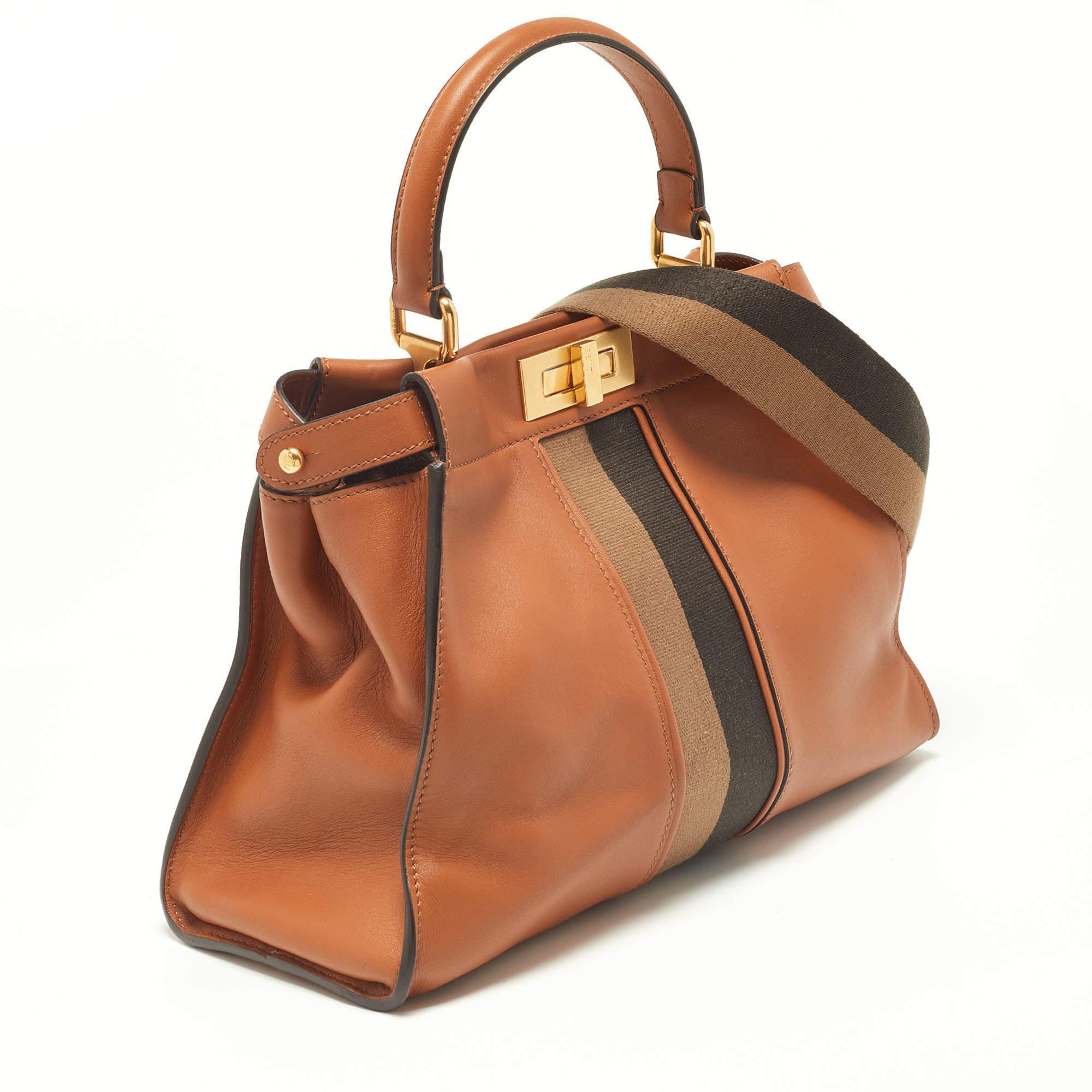 Women's Fendi Brown Leather Medium Stripe Peekaboo Top Handle Bag