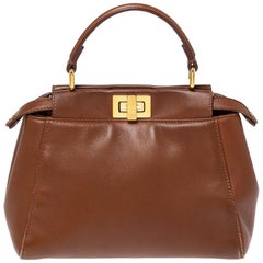 Used Fendi Brown Leather Mini Peekaboo Top Handle Bag