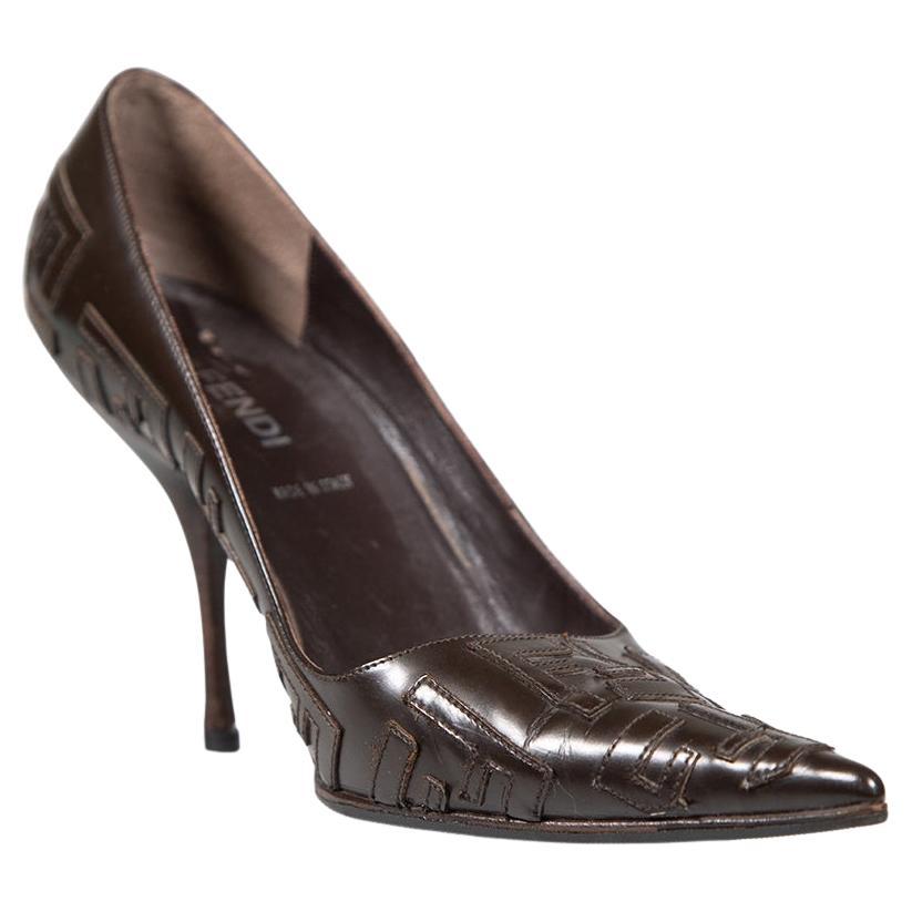 Fendi Brown Leather Monogram Heels Size IT 37.5 For Sale