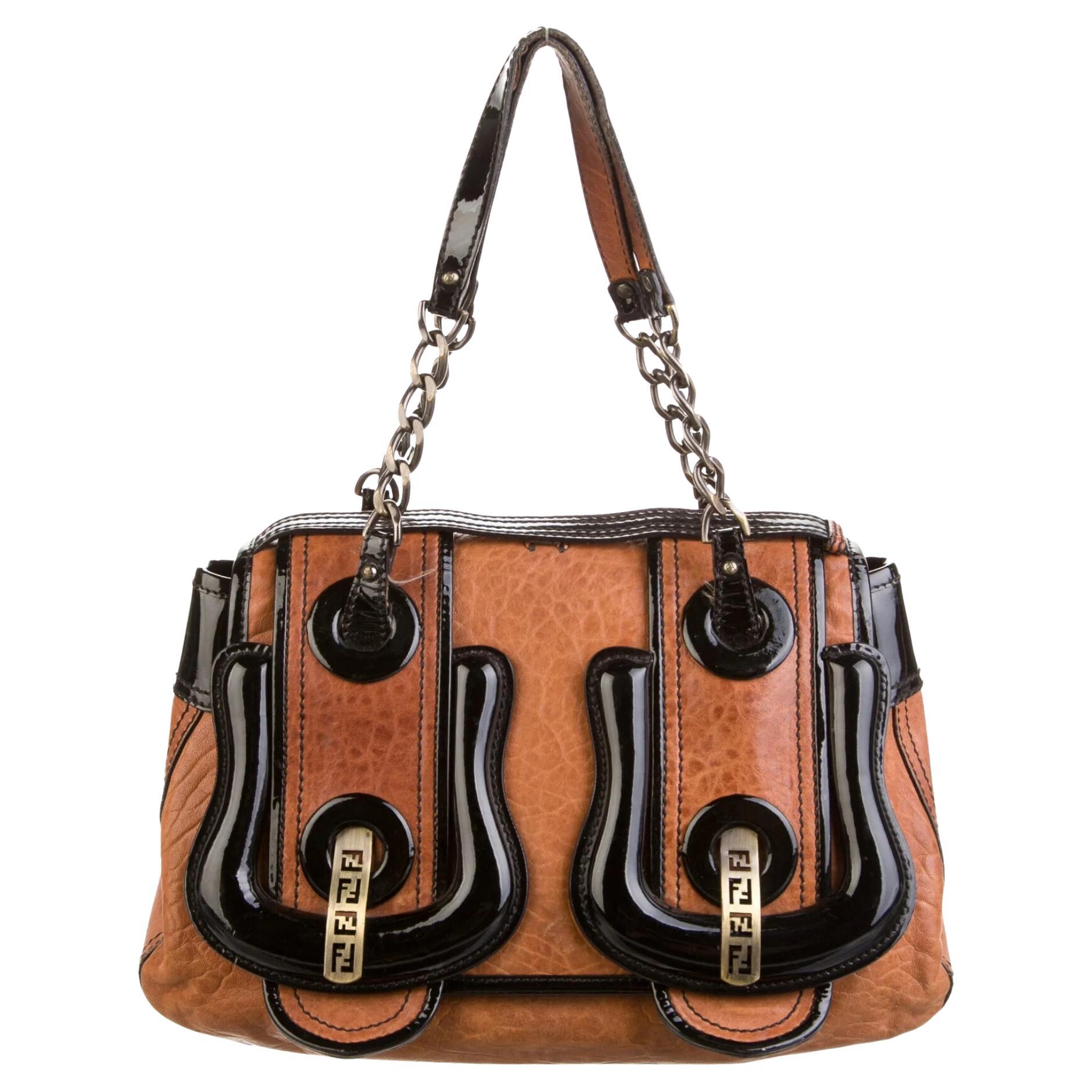 Fendi Brown Leather Patent Trim Buckle-detailed B-Bag For Sale at 1stDibs