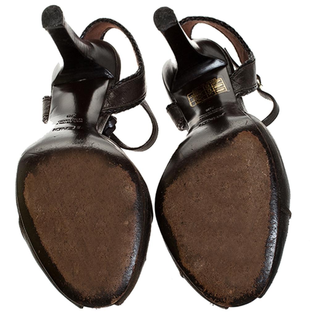 Women's Fendi Brown Leather T Strap Peep Toe Ankle Strap Sandals Size 38