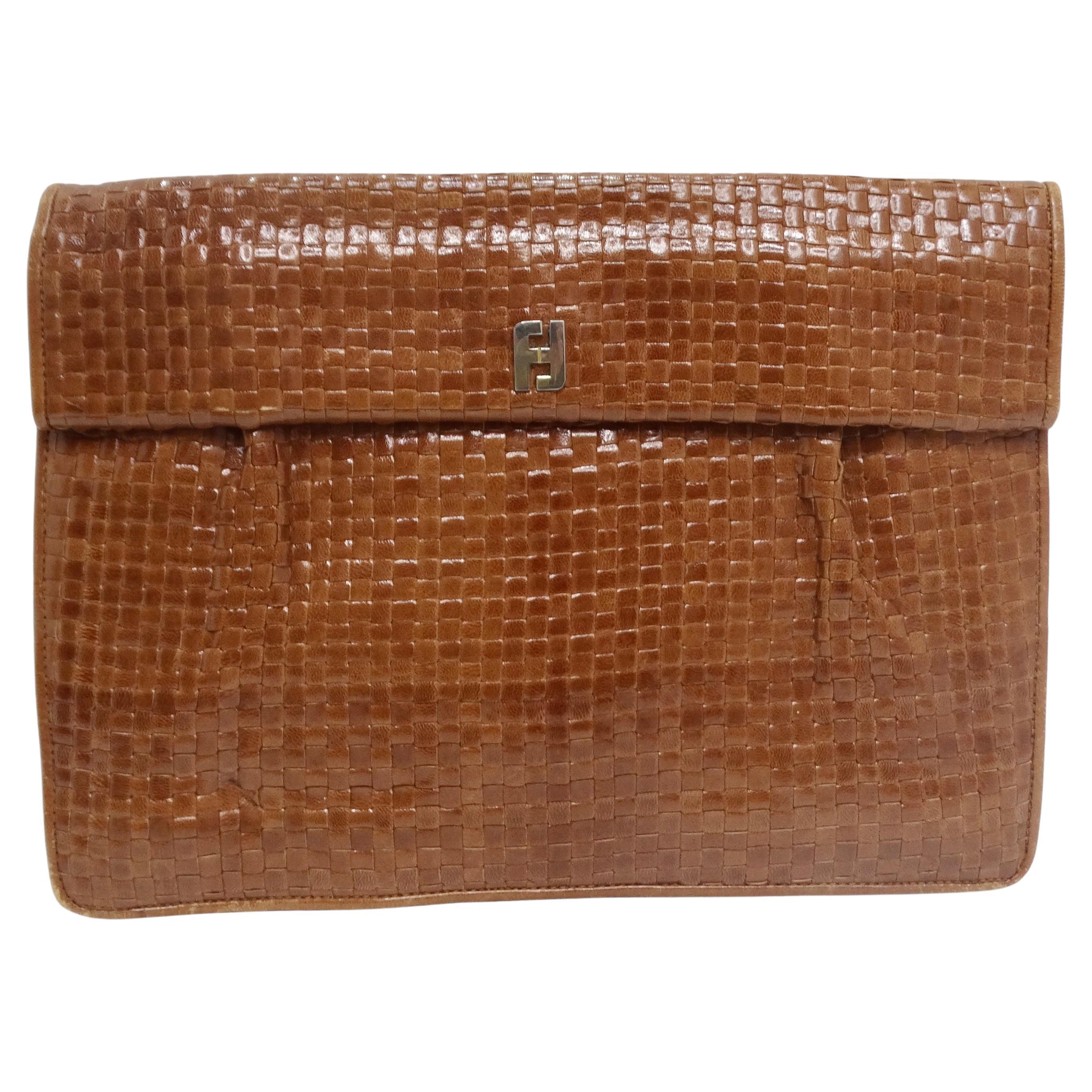 Fendi Brown Leather Woven Clutch For Sale