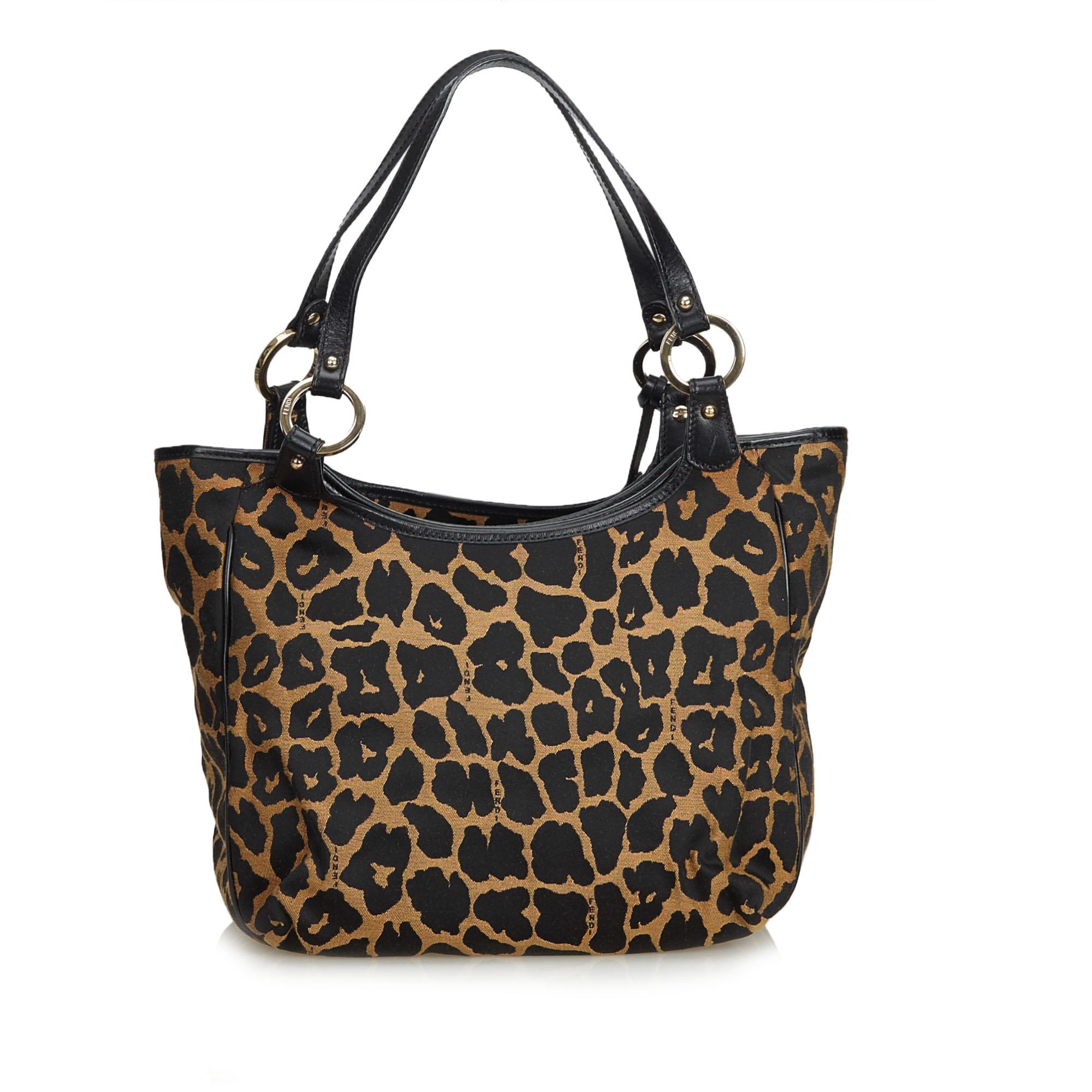 Black Fendi Brown Leopard Printed Jacquard Shoulder Bag