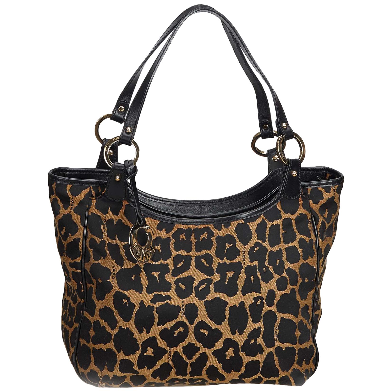 Fendi Brown Leopard Printed Jacquard Shoulder Bag