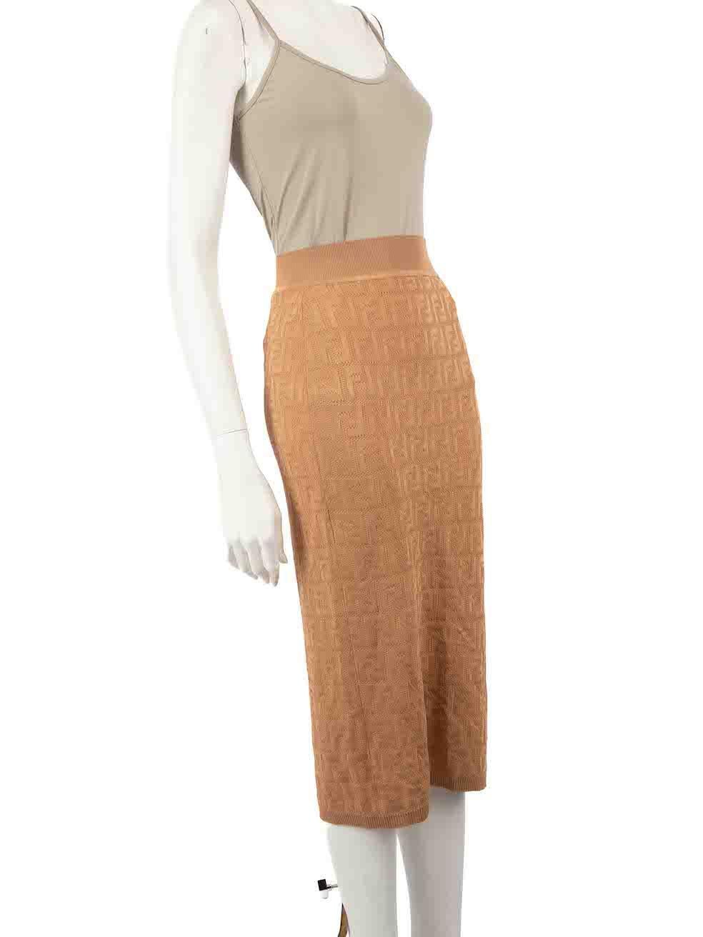 CONDITION is Very good. Hardly any visible wear to skirt is evident on this used Fendi designer resale item.
 
 
 
 Details
 
 
 Brown
 
 Cotton
 
 Pencil skirt
 
 Midi length
 
 FF Zucca pattern
 
 Elasticated waistband
 
 Knitted and stretchy
 
 
