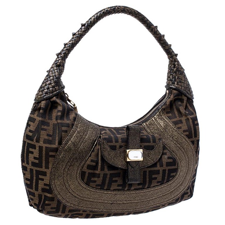 Fendi Brown/Metallic Zucca Canvas and Leather Spy Hobo For Sale at 1stDibs