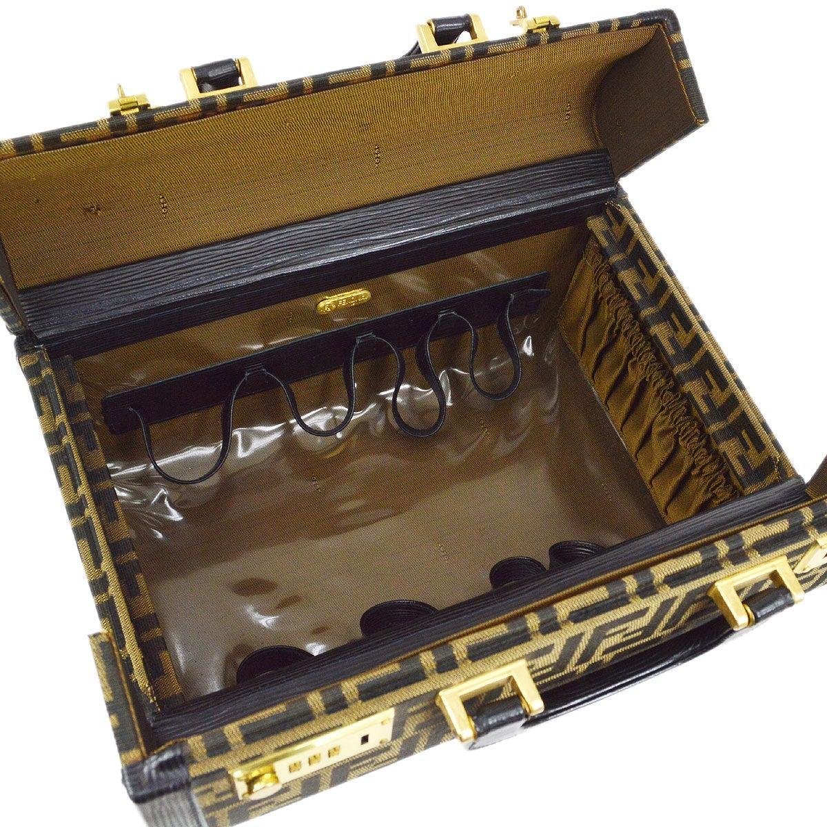 Black FENDI Brown Monogram Logo Zucca Gold Vanity Cosmetic Travel Bag Trunk Case