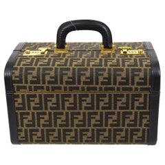 FENDI Brown Monogram Logo Zucca Gold Vanity Cosmetic Travel Bag Trunk Case