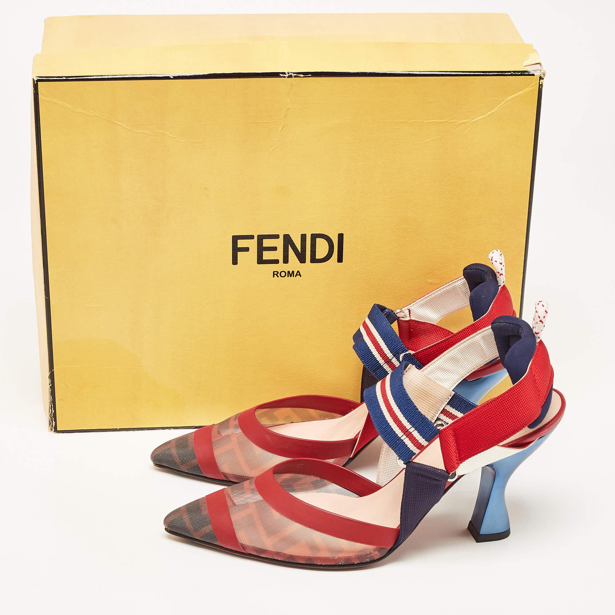 Fendi Brown Multicolor Mesh and Fabric Colibri Slingback Sandals Size 36 For Sale 7