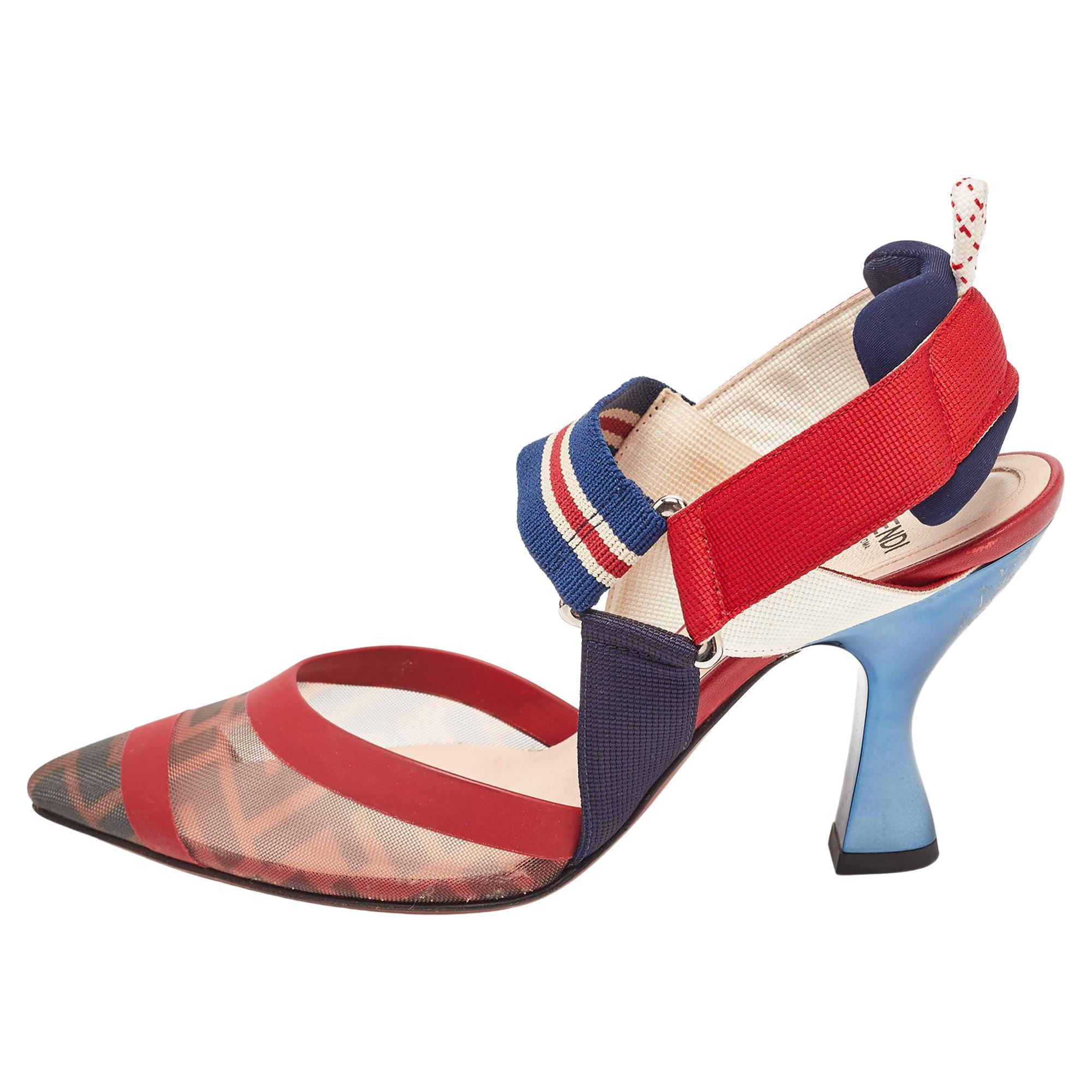 Fendi Brown Multicolor Mesh and Fabric Colibri Slingback Sandals Size 36 For Sale