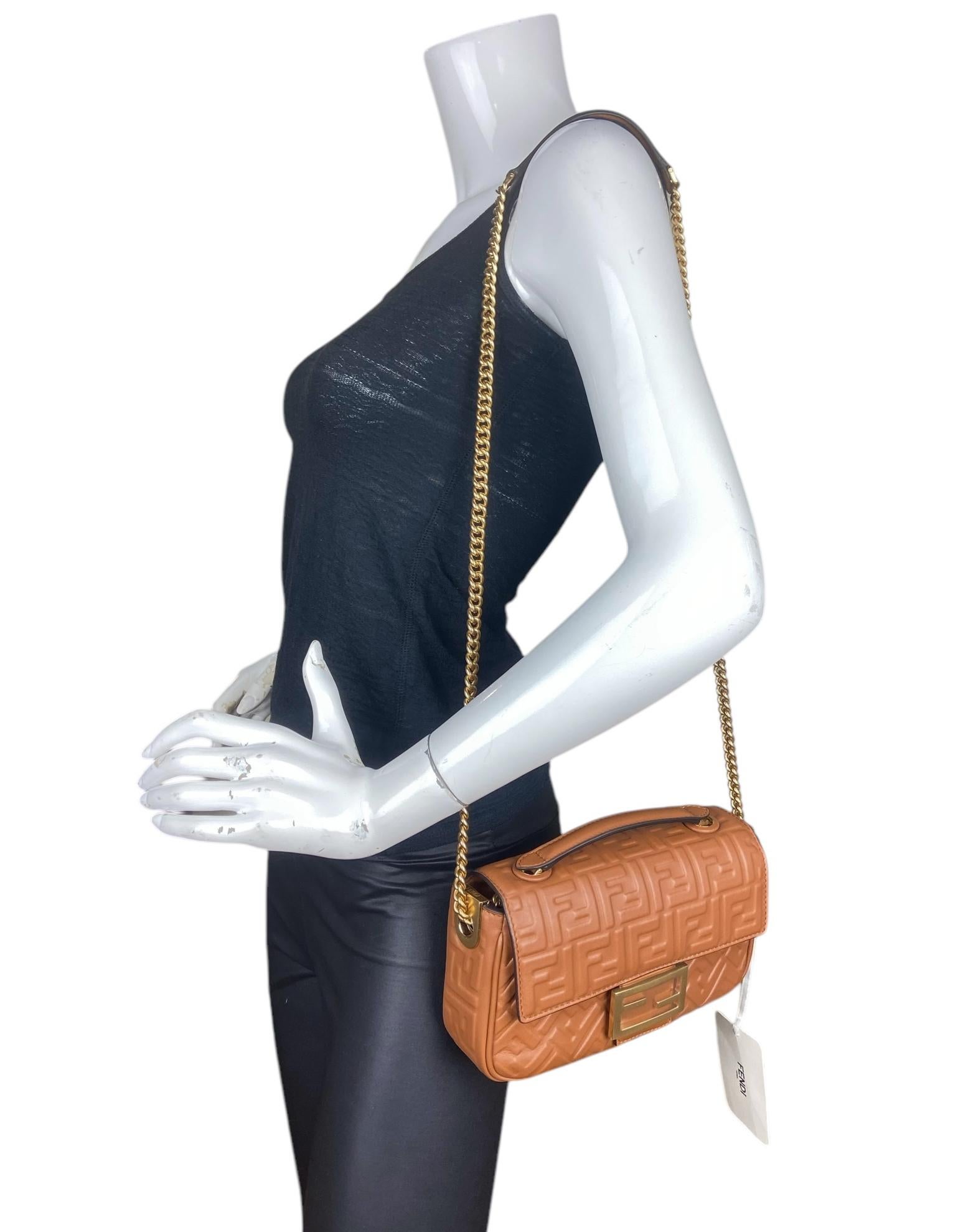 Fendi Brown Nappa Leather Embossed Baguette Chain Midi Crossbody Bag In Excellent Condition In New York, NY