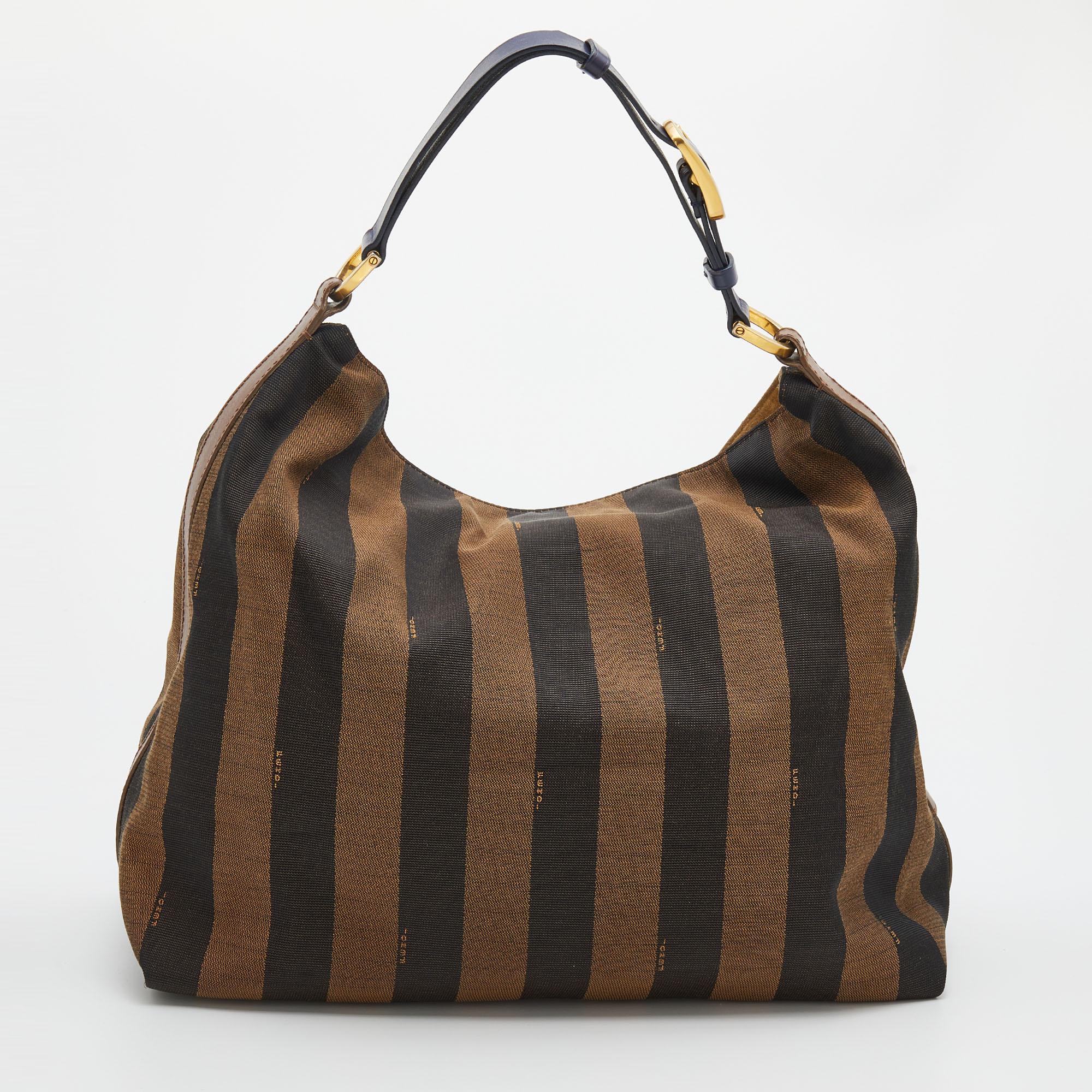 Women's Fendi Brown/Navy Blue Pequin Stripe Canvas And Leather Hobo