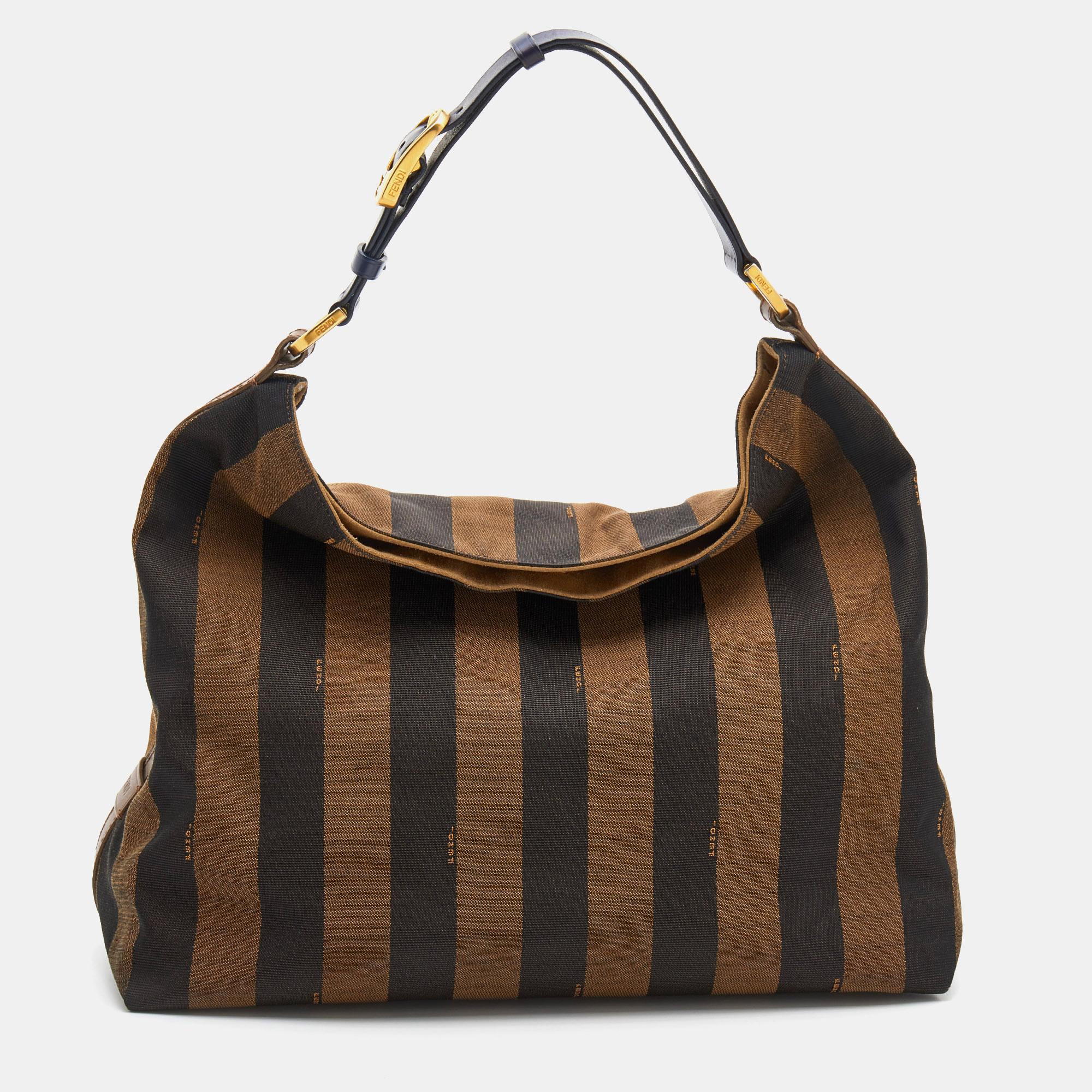 Fendi Brown/Navy Blue Pequin Stripe Canvas And Leather Hobo 3