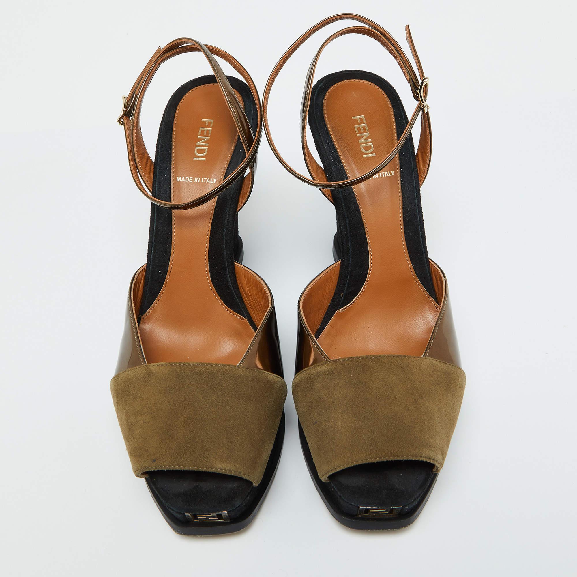 Black Fendi Brown Patent Leather and Suede Fendista Platform Wedge Sandals Size 40