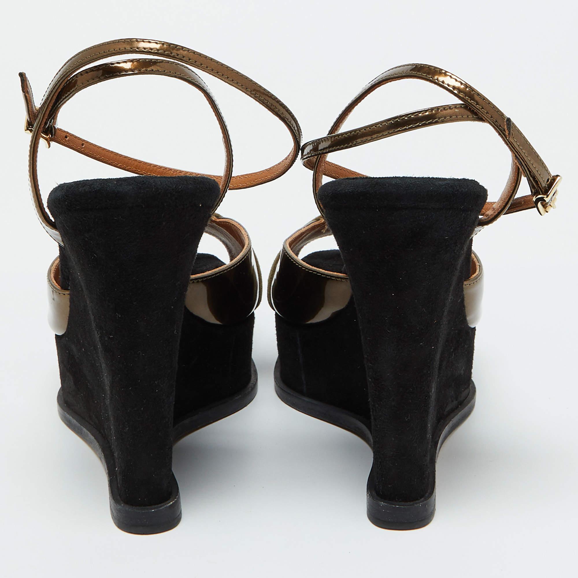Women's Fendi Brown Patent Leather and Suede Fendista Platform Wedge Sandals Size 40